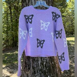 SO Lavender with Black and White Butterfly Knit Sweater